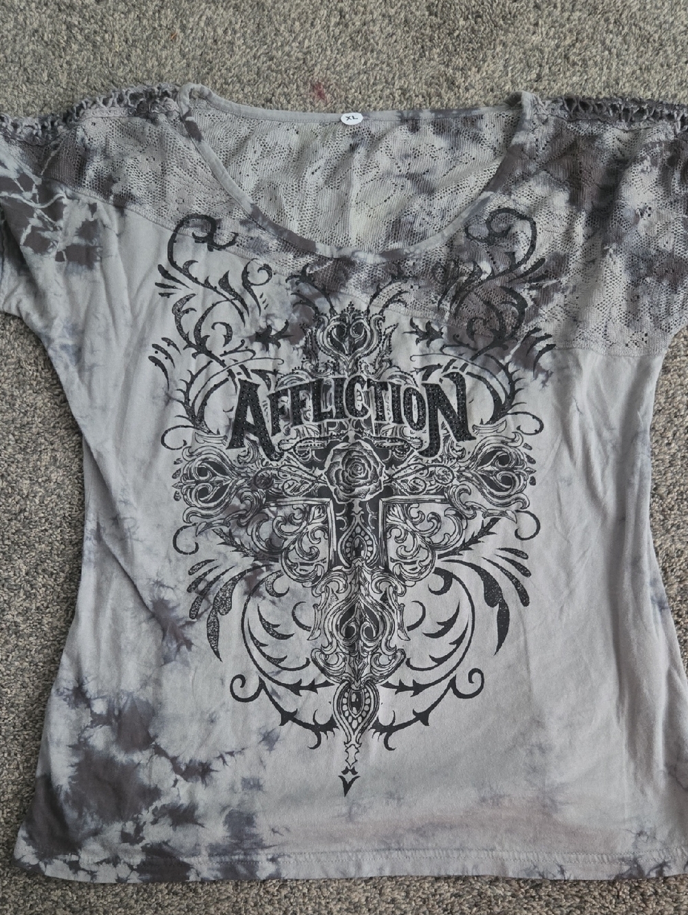 Affliction Women's Gray Tie-Dye Graphic Tee with Lace Shoulders